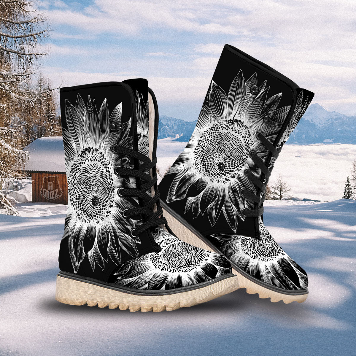 Vintage Sunflower White And Black Print Snow Boots-grizzshop