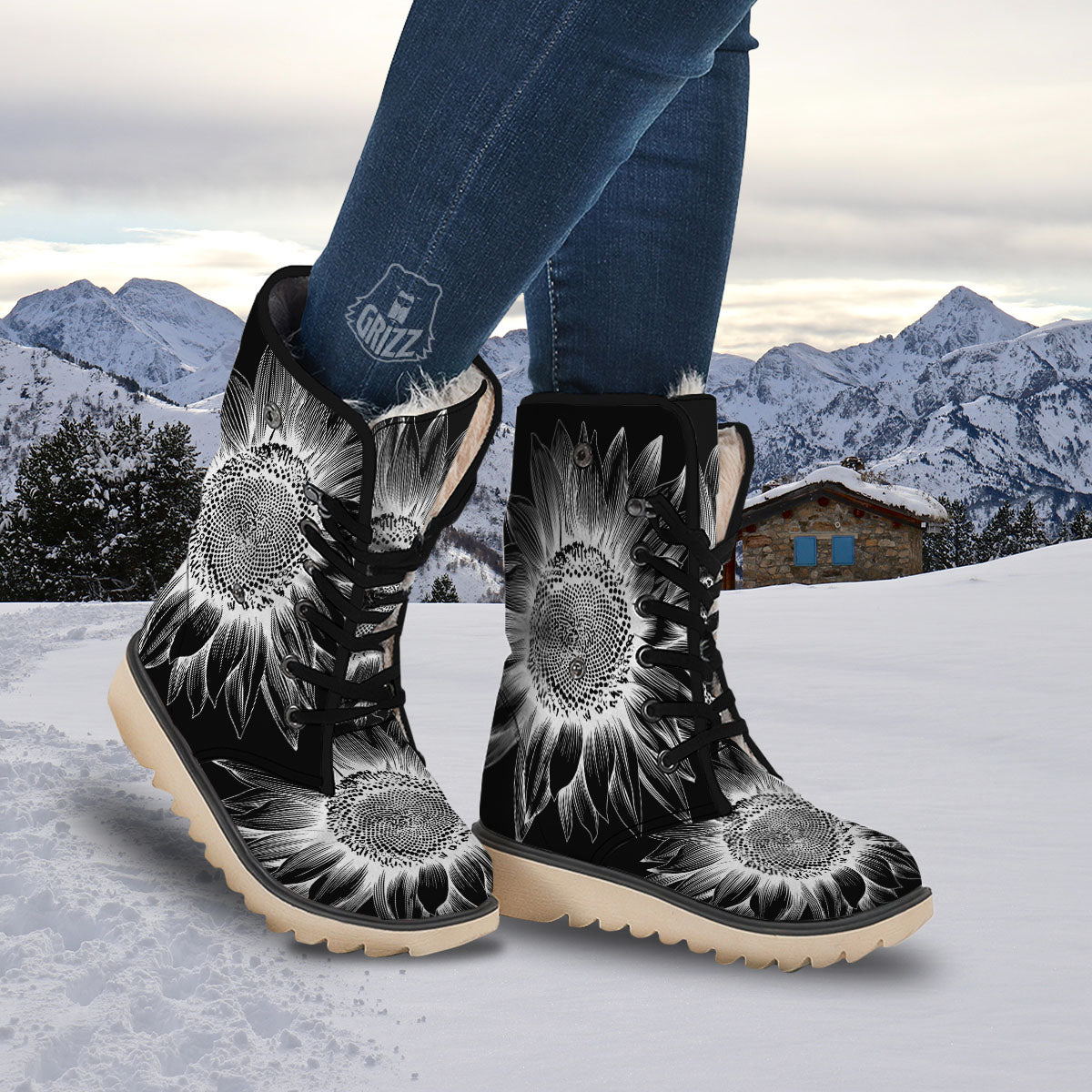 Vintage Sunflower White And Black Print Snow Boots-grizzshop