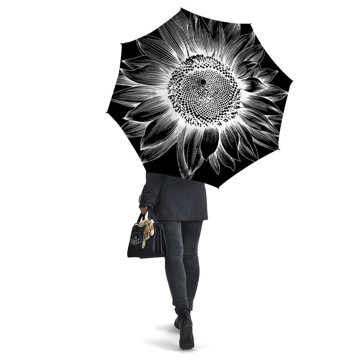 Vintage Sunflower White And Black Print Umbrella-grizzshop