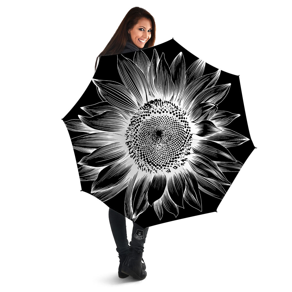 Vintage Sunflower White And Black Print Umbrella-grizzshop