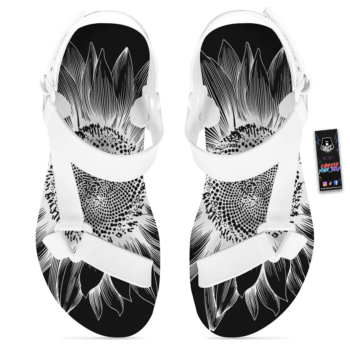 Vintage Sunflower White And Black Print White Open Toe Sandals-grizzshop