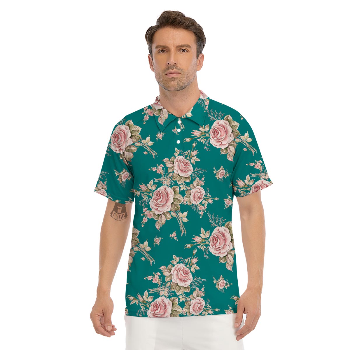 Pink Rose Floral Print Men's Golf Shirts main image 1