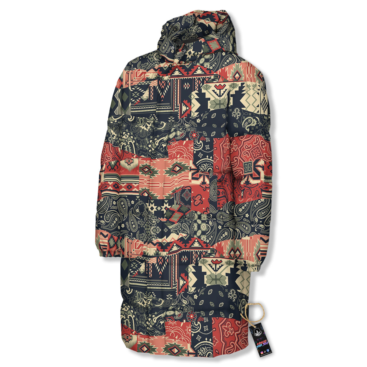 Vintage Color Bandana Patchwork Abstract Print Pattern Long Down Jacket