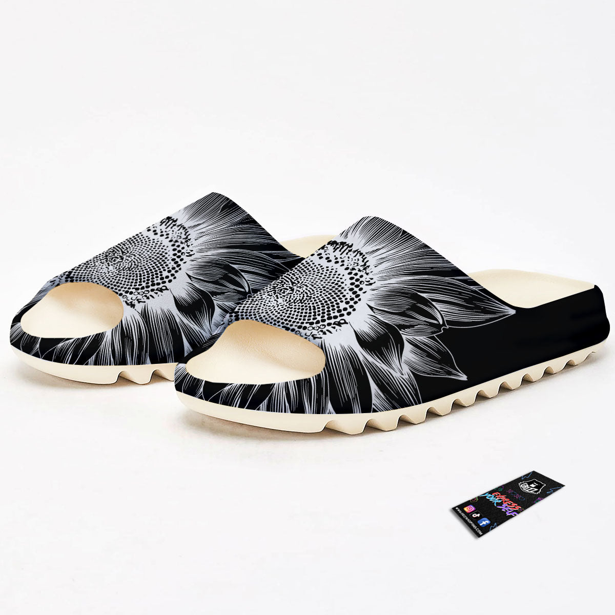 Vintage Sunflower White And Black Print Sandals-grizzshop