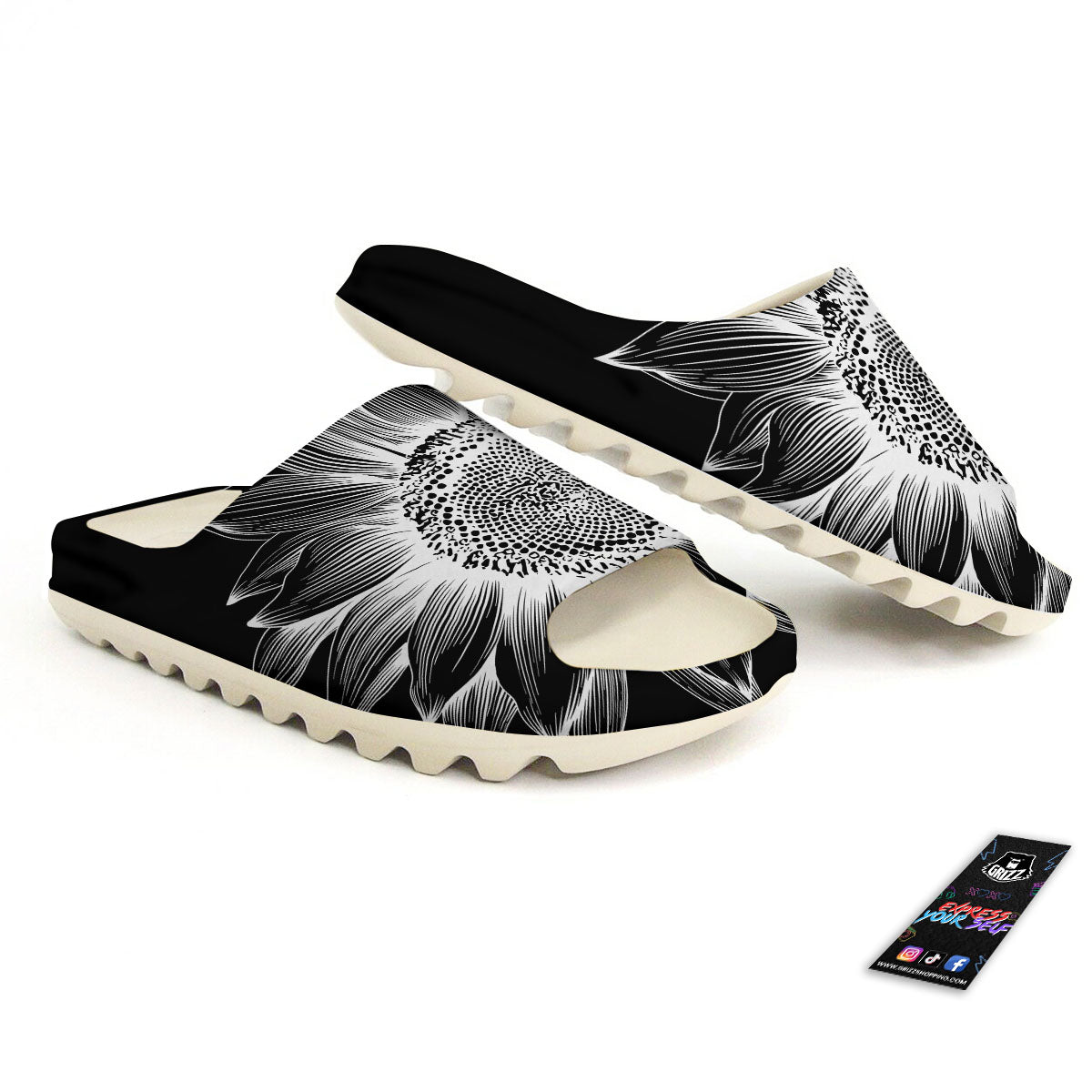 Vintage Sunflower White And Black Print Sandals-grizzshop