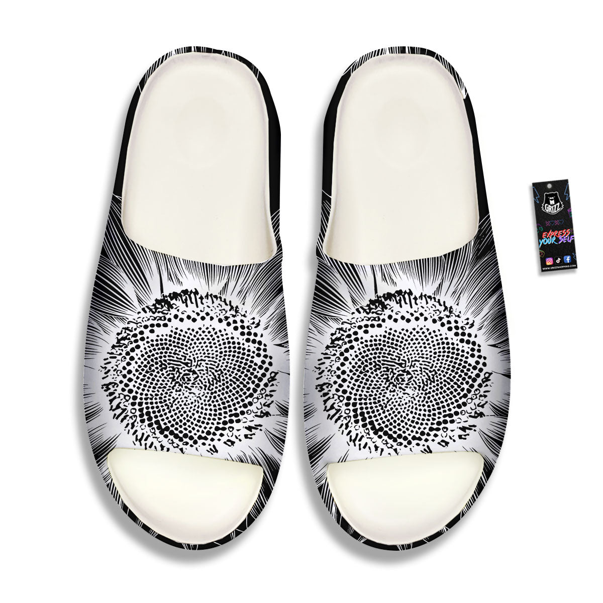 Vintage Sunflower White And Black Print Sandals-grizzshop