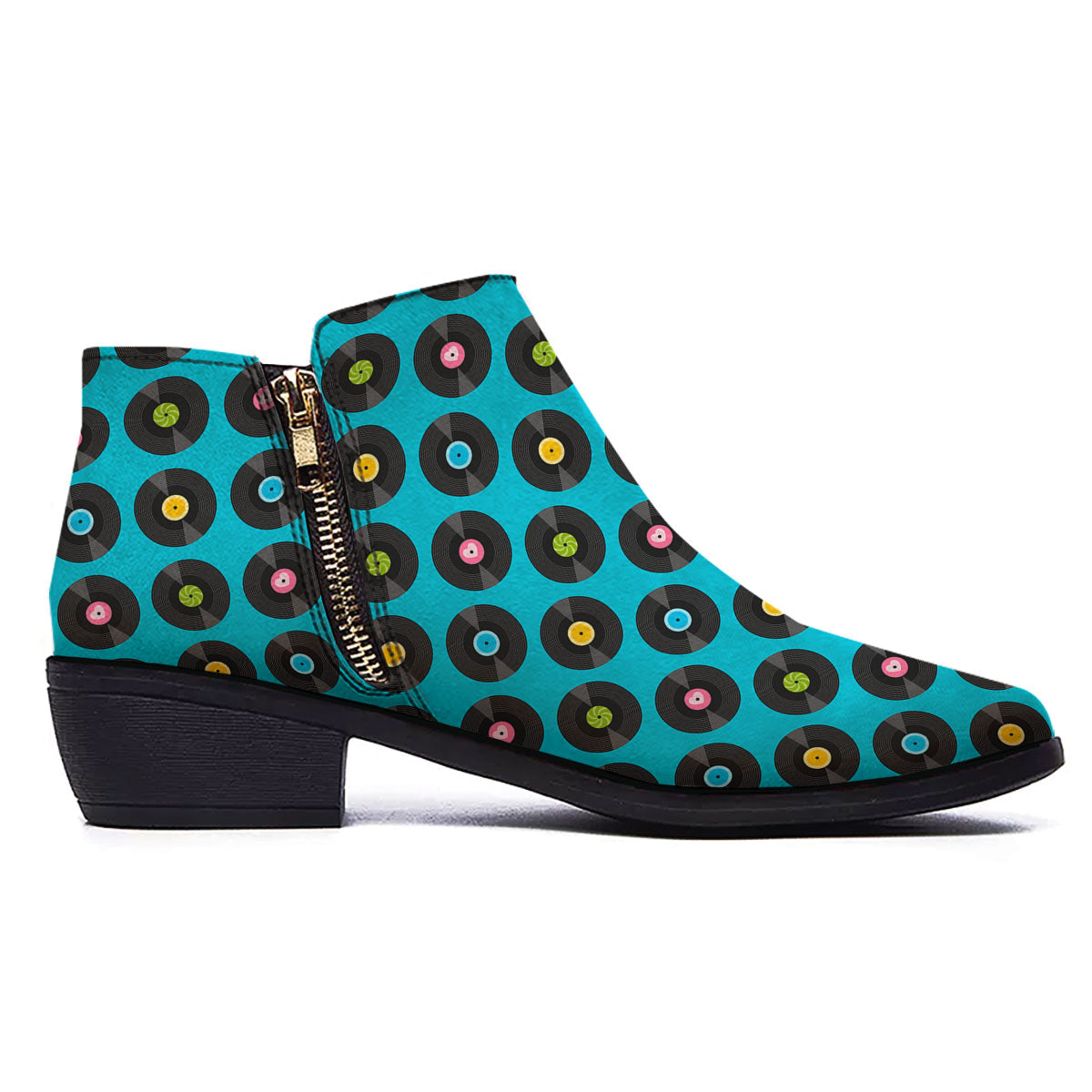 Vinyl Record Blue Print Pattern Ankle Boots-grizzshop