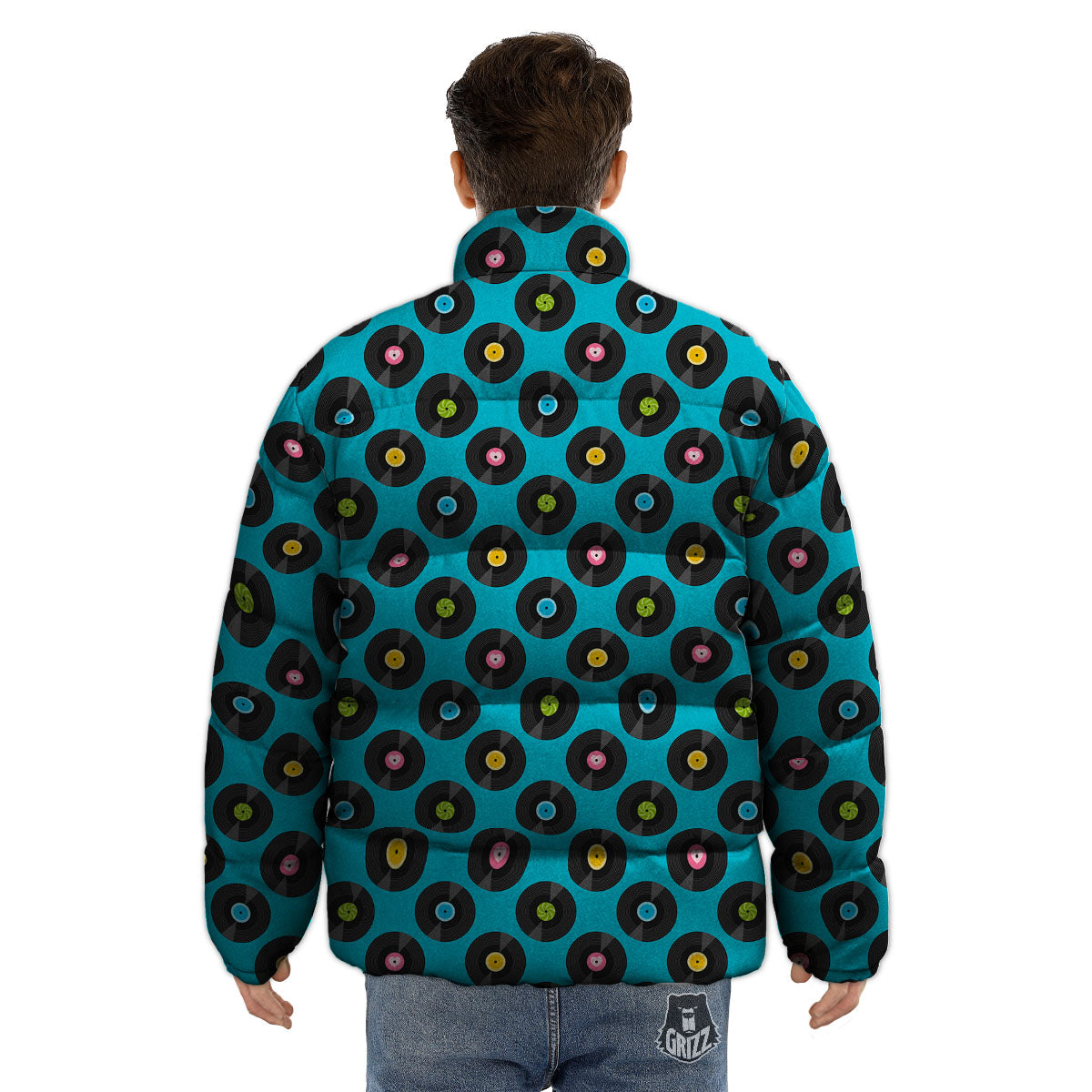 Vinyl Record Blue Print Pattern Puffer Jacket-grizzshop