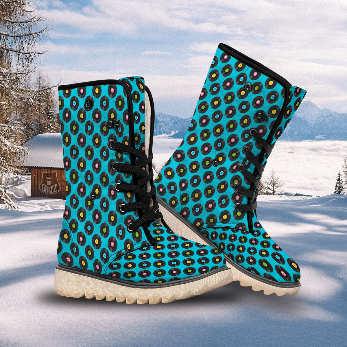 Vinyl Record Blue Print Pattern Snow Boots-grizzshop