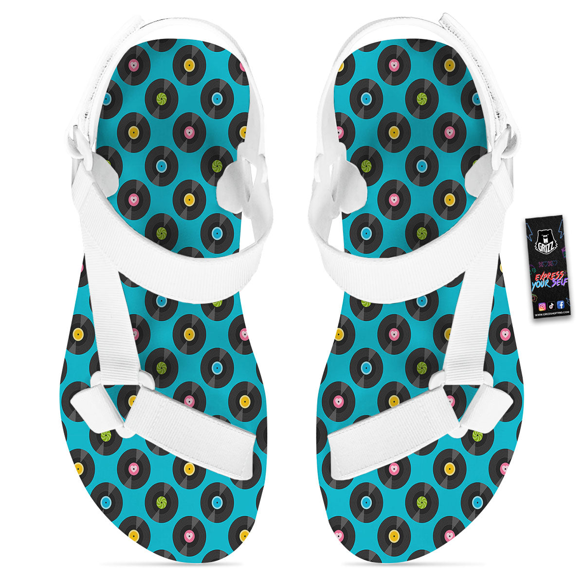Vinyl Record Blue Print Pattern White Open Toe Sandals-grizzshop
