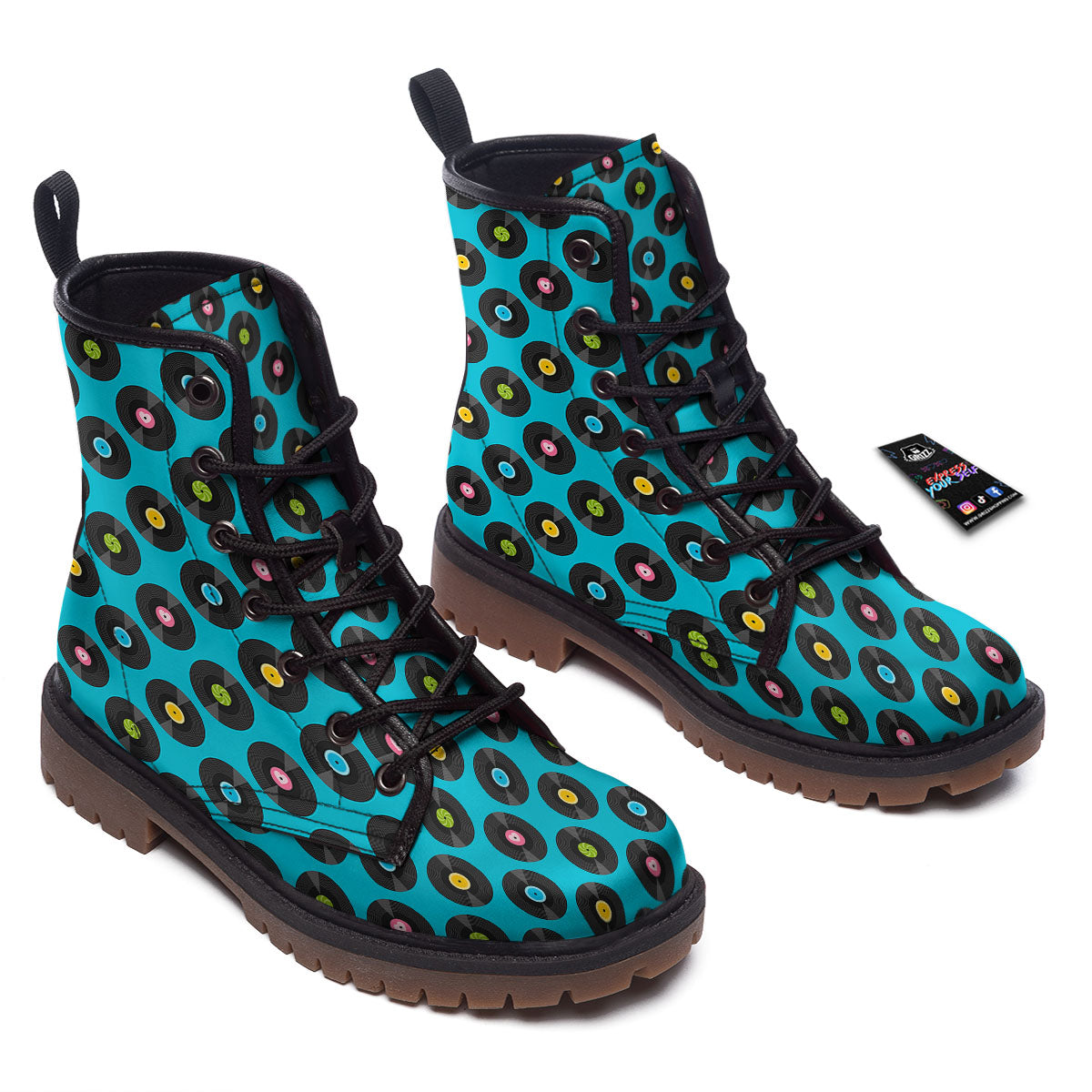 Vinyl Record Blue Print Pattern Work Boots-grizzshop