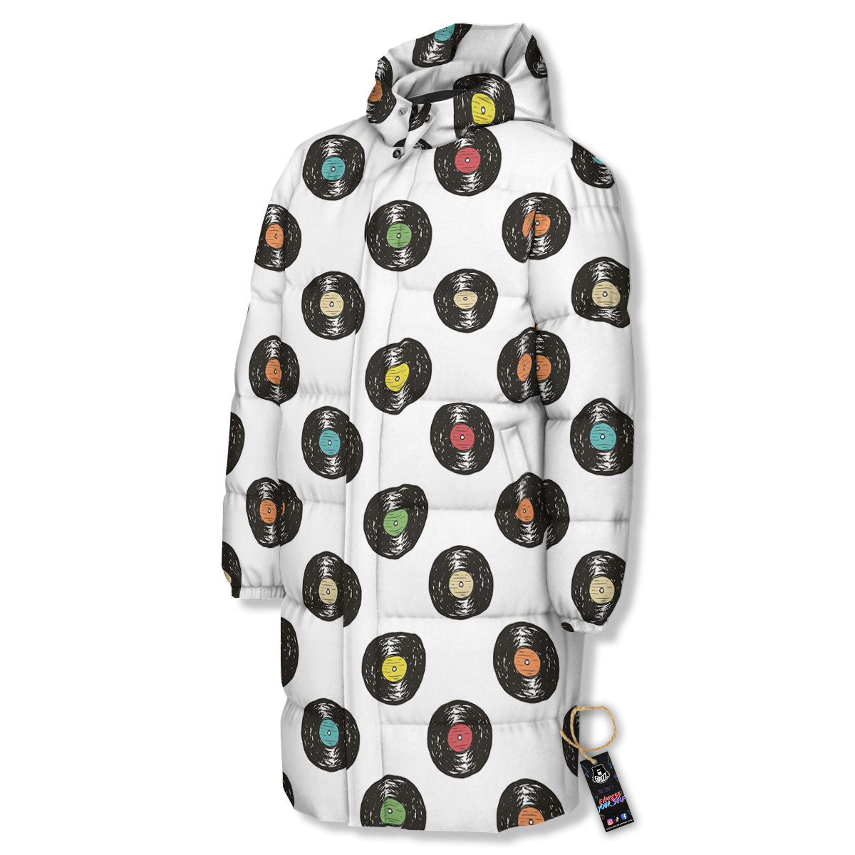 Vinyl Record Hand Drawn Print Pattern Long Down Jacket-grizzshop