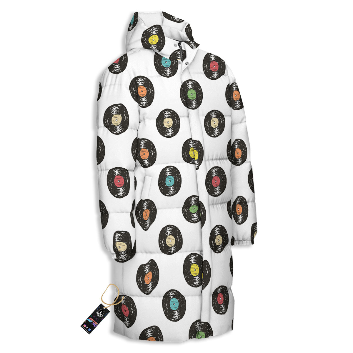 Vinyl Record Hand Drawn Print Pattern Long Down Jacket-grizzshop
