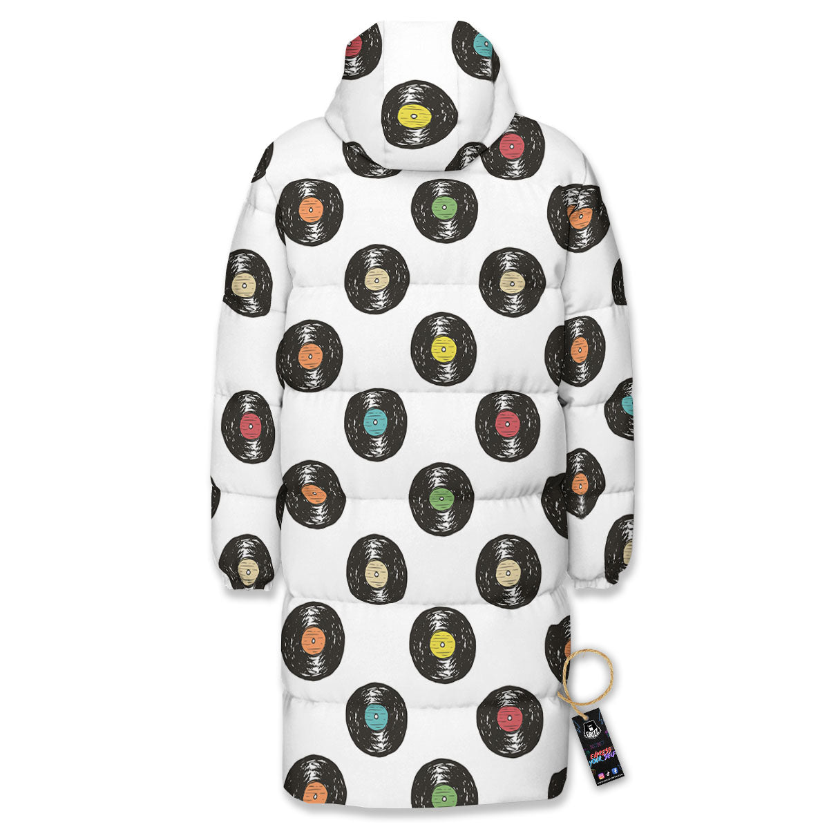 Vinyl Record Hand Drawn Print Pattern Long Down Jacket-grizzshop