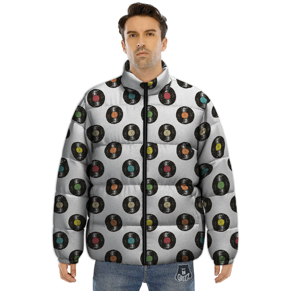 Vinyl Record Hand Drawn Print Pattern Puffer Jacket-grizzshop