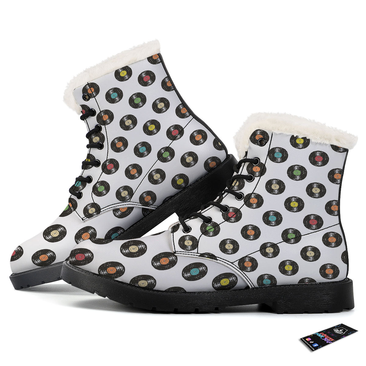 Vinyl Record Hand Drawn Print Pattern Winter Boots-grizzshop