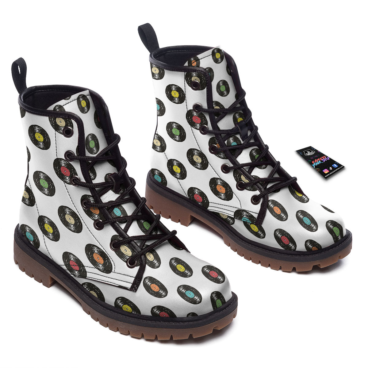 Vinyl Record Hand Drawn Print Pattern Work Boots-grizzshop