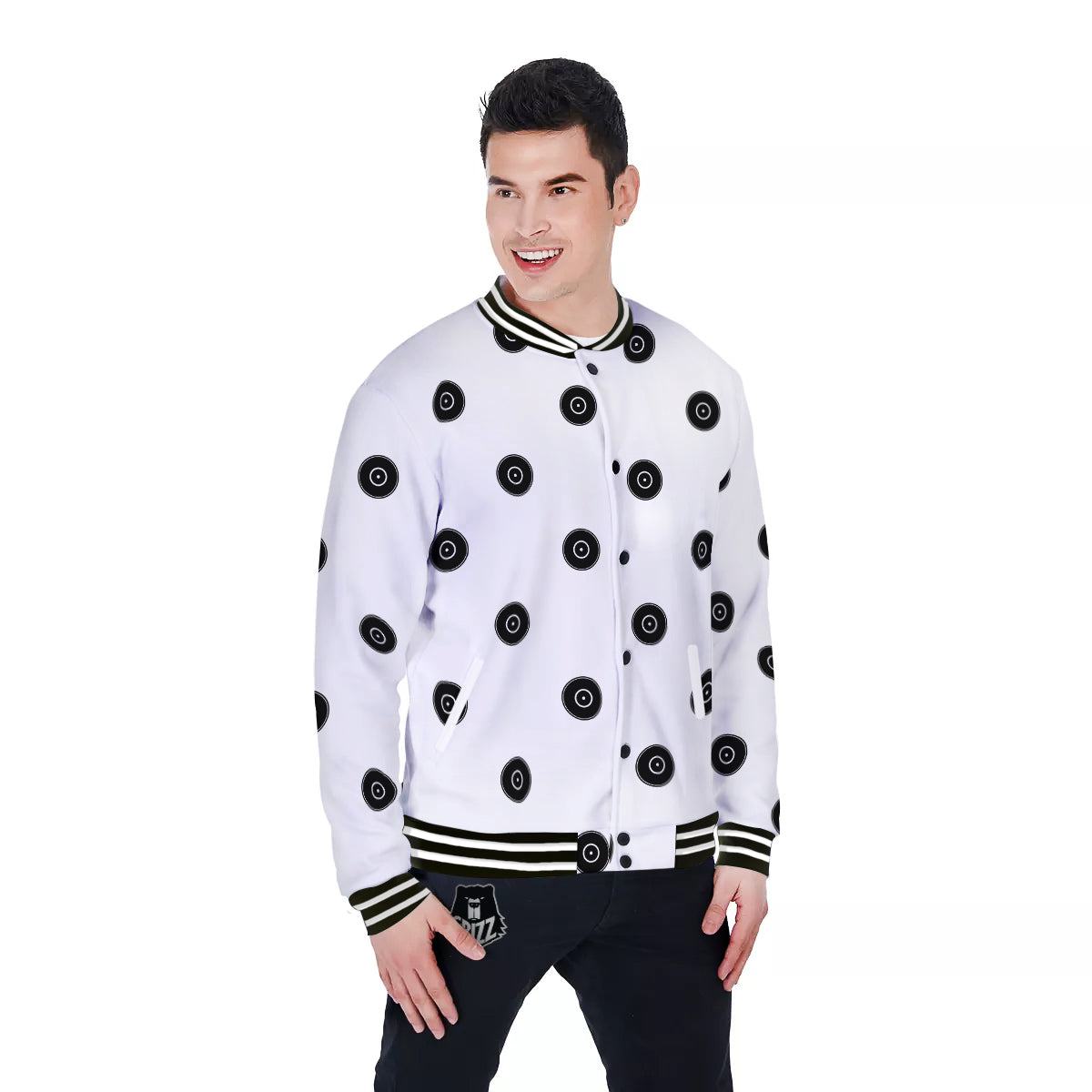 Vinyl White And Black Print Pattern Baseball Jacket-grizzshop