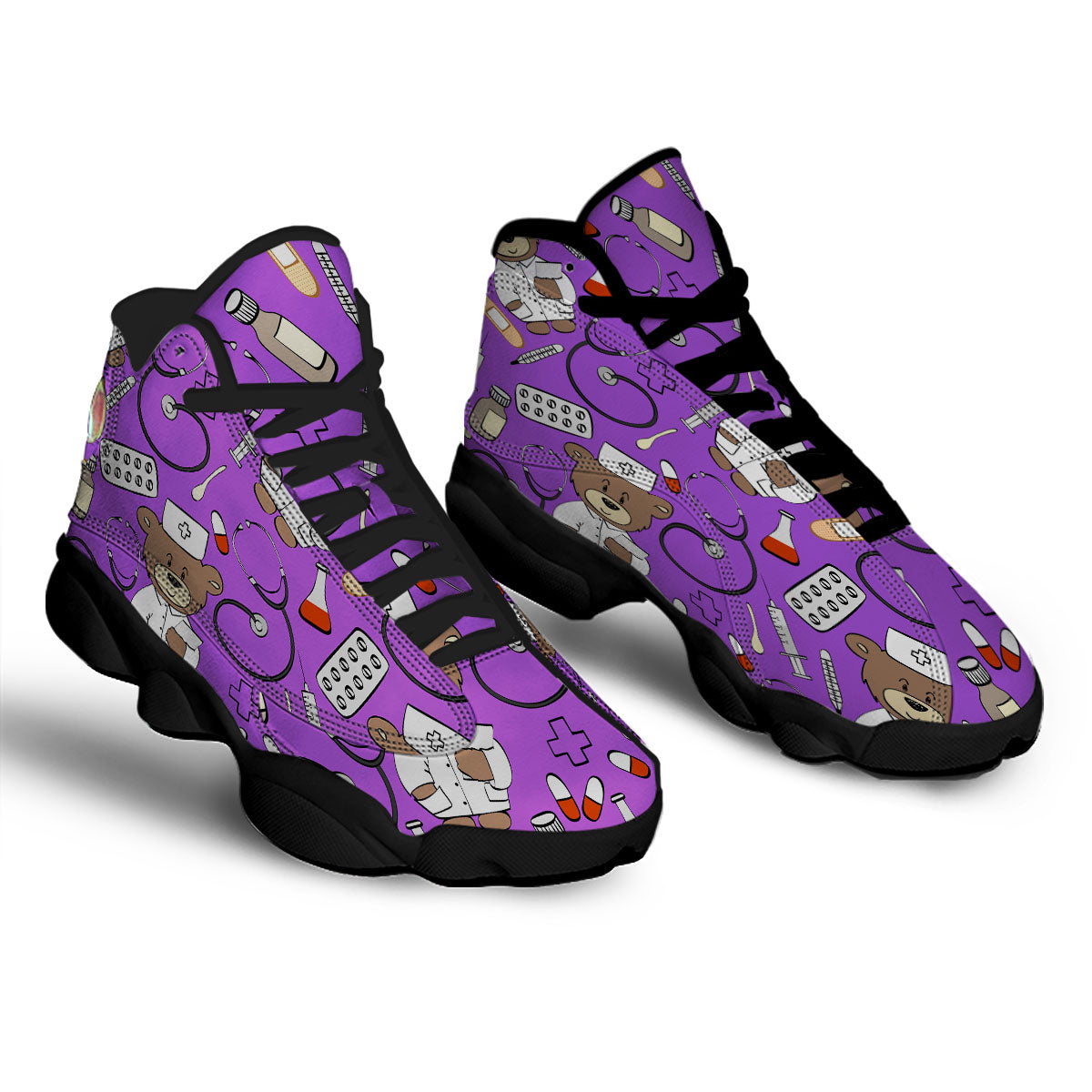 Violet Teddy Bear Nurse Black Basketball Shoes-grizzshop