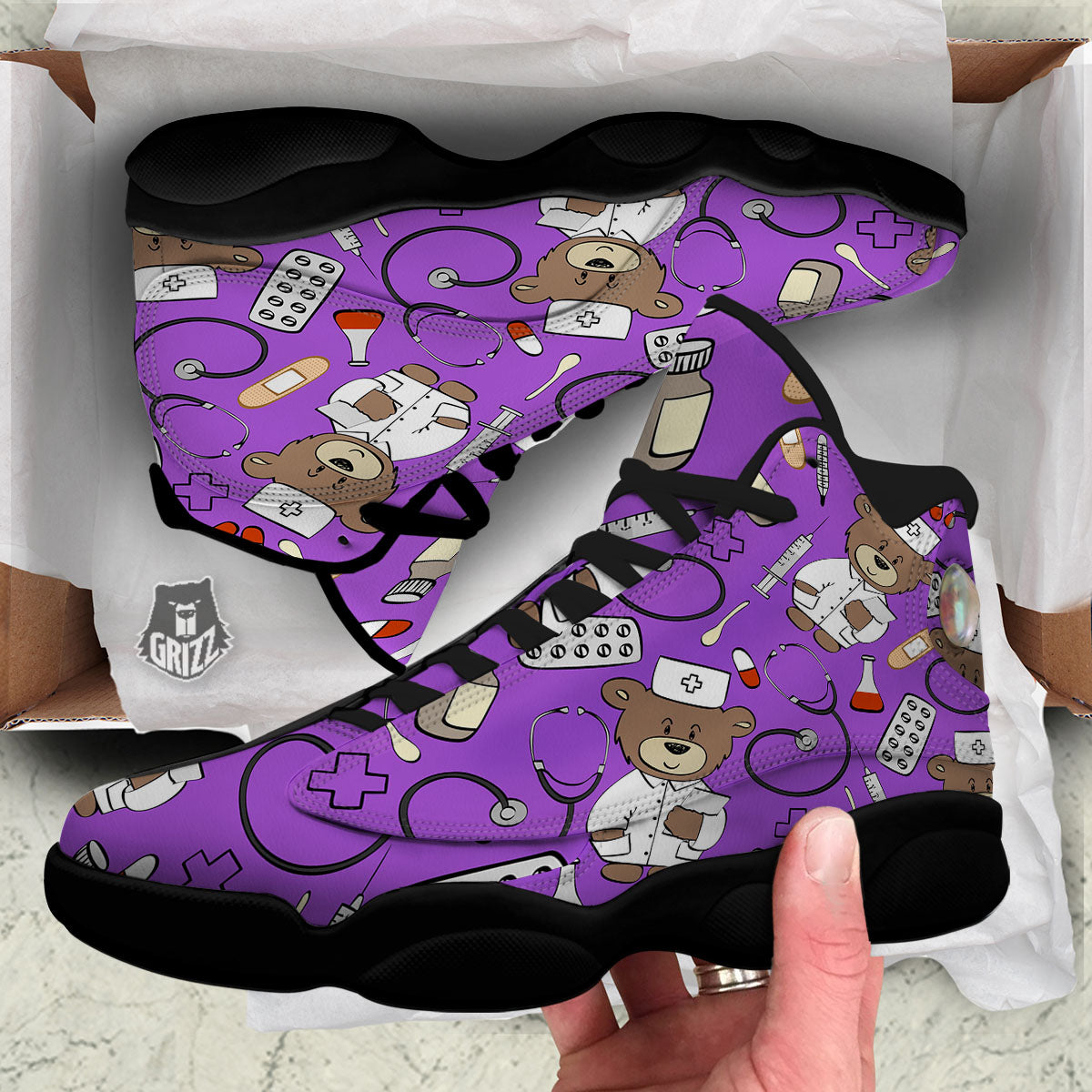 Violet Teddy Bear Nurse Black Basketball Shoes-grizzshop