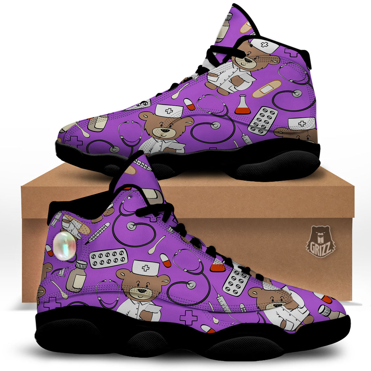 Violet Teddy Bear Nurse Black Basketball Shoes-grizzshop