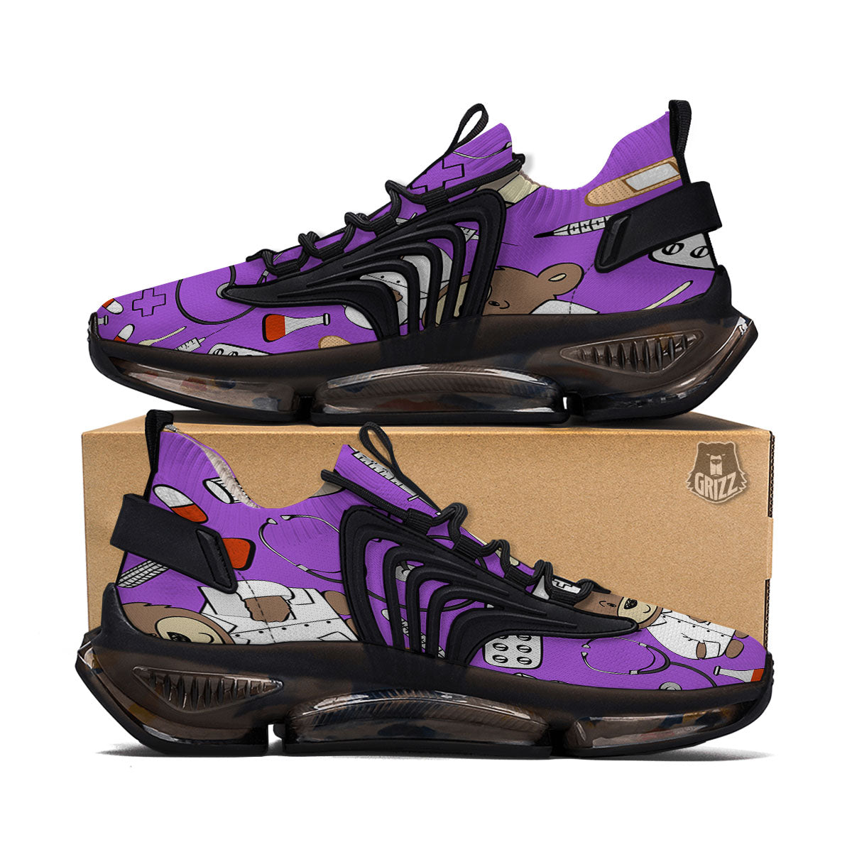 Violet Teddy Bear Nurse Black Gym Shoes-grizzshop