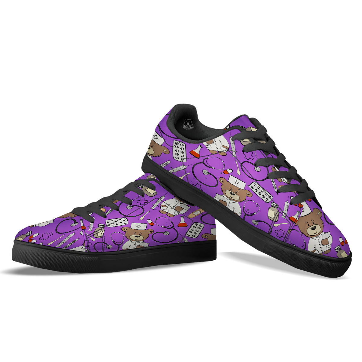 Violet Teddy Bear Nurse Black Low Top Sneakers-grizzshop