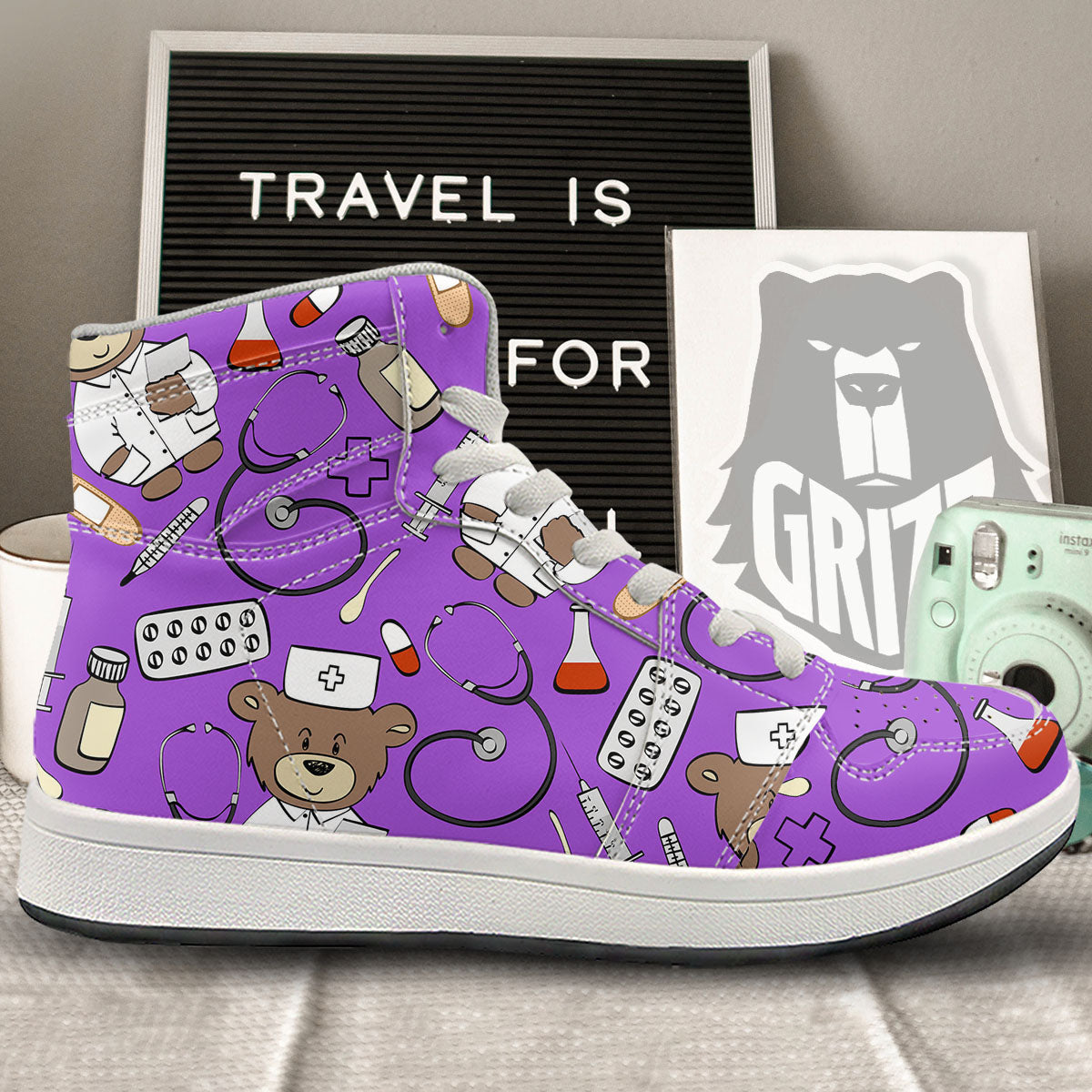 Violet Teddy Bear Nurse High Top Sneakers-grizzshop