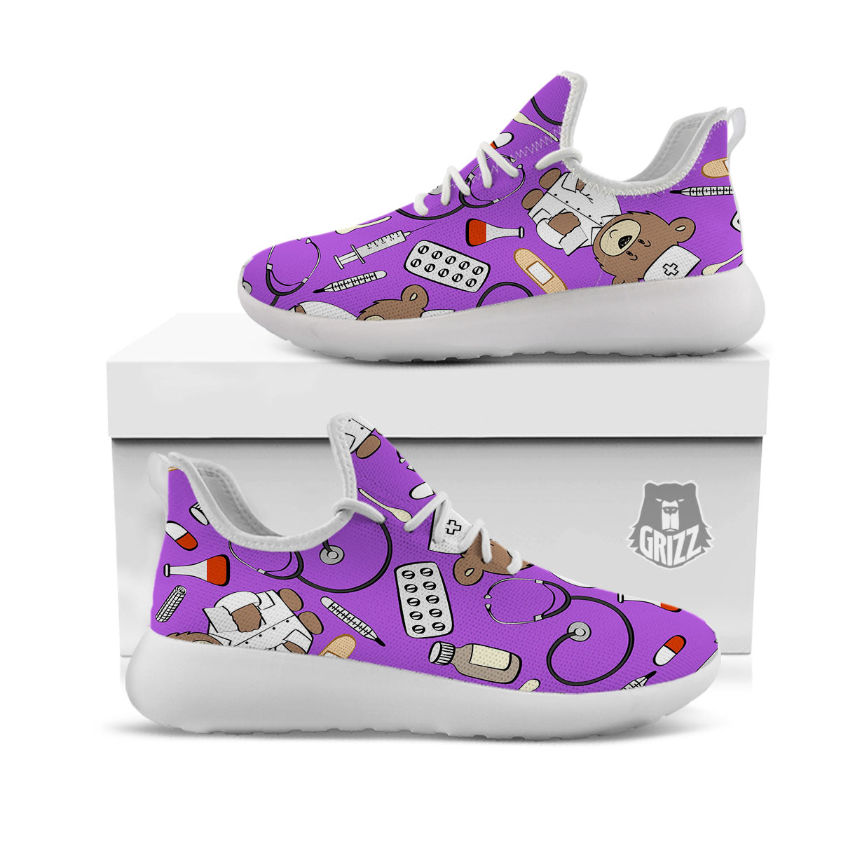 Violet Teddy Bear Nurse White Athletic Shoes-grizzshop