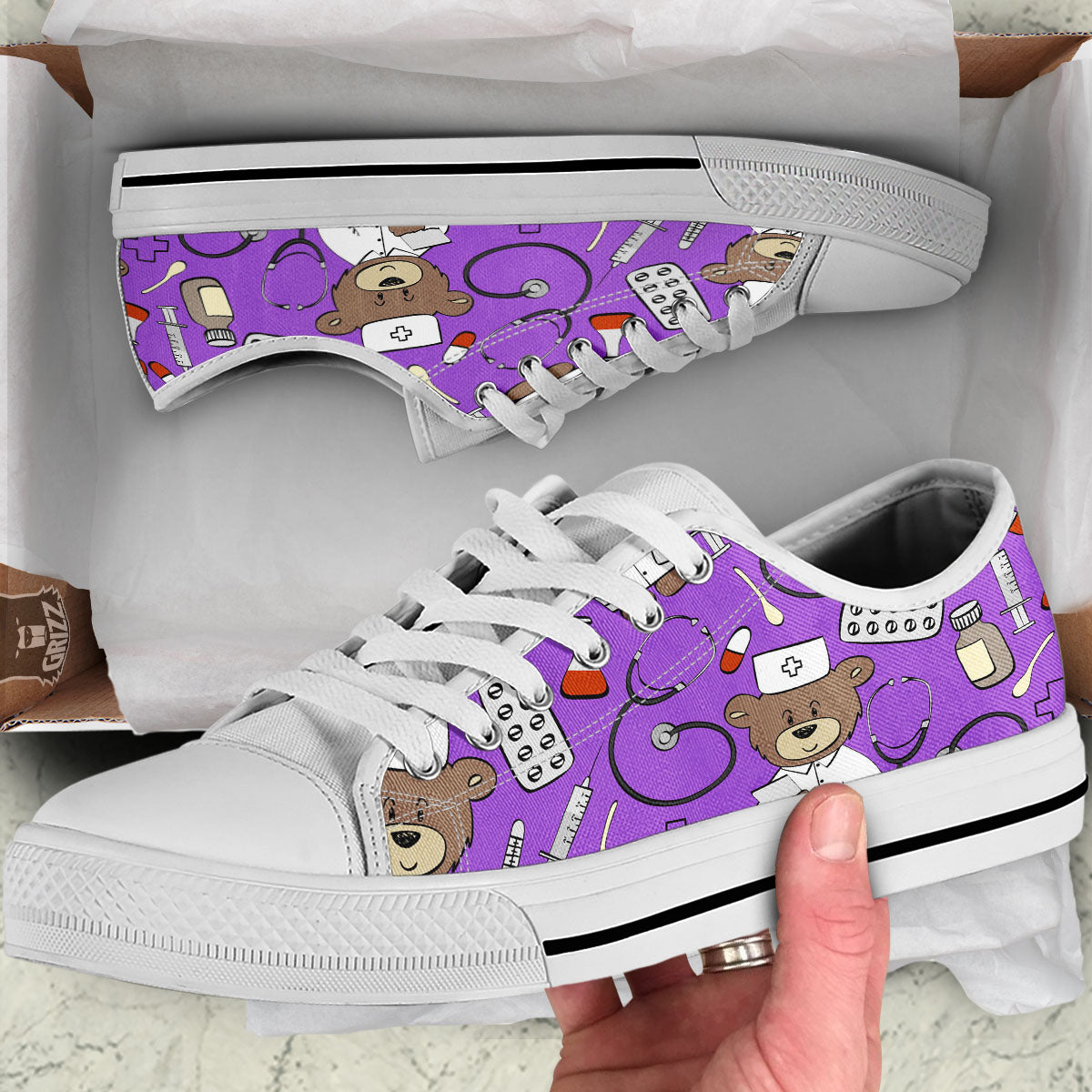 Violet Teddy Bear Nurse White Low Top Shoes-grizzshop