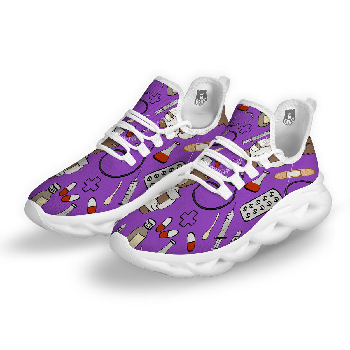 Violet Teddy Bear Nurse White Running Shoes-grizzshop