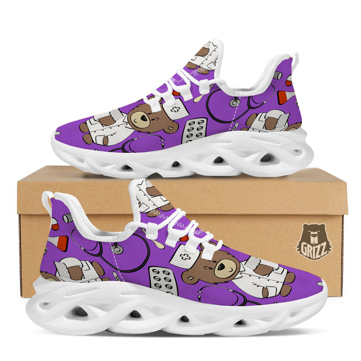 Violet Teddy Bear Nurse White Running Shoes-grizzshop