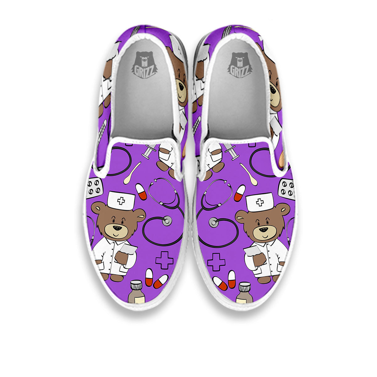 Violet Teddy Bear Nurse White Slip On Shoes-grizzshop