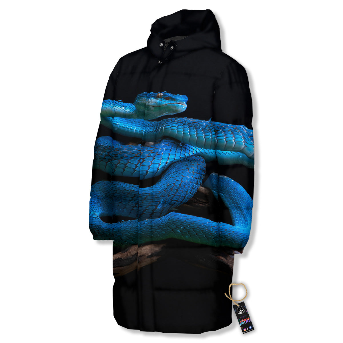 Viper Snake Blue Pit Print Long Down Jacket-grizzshop