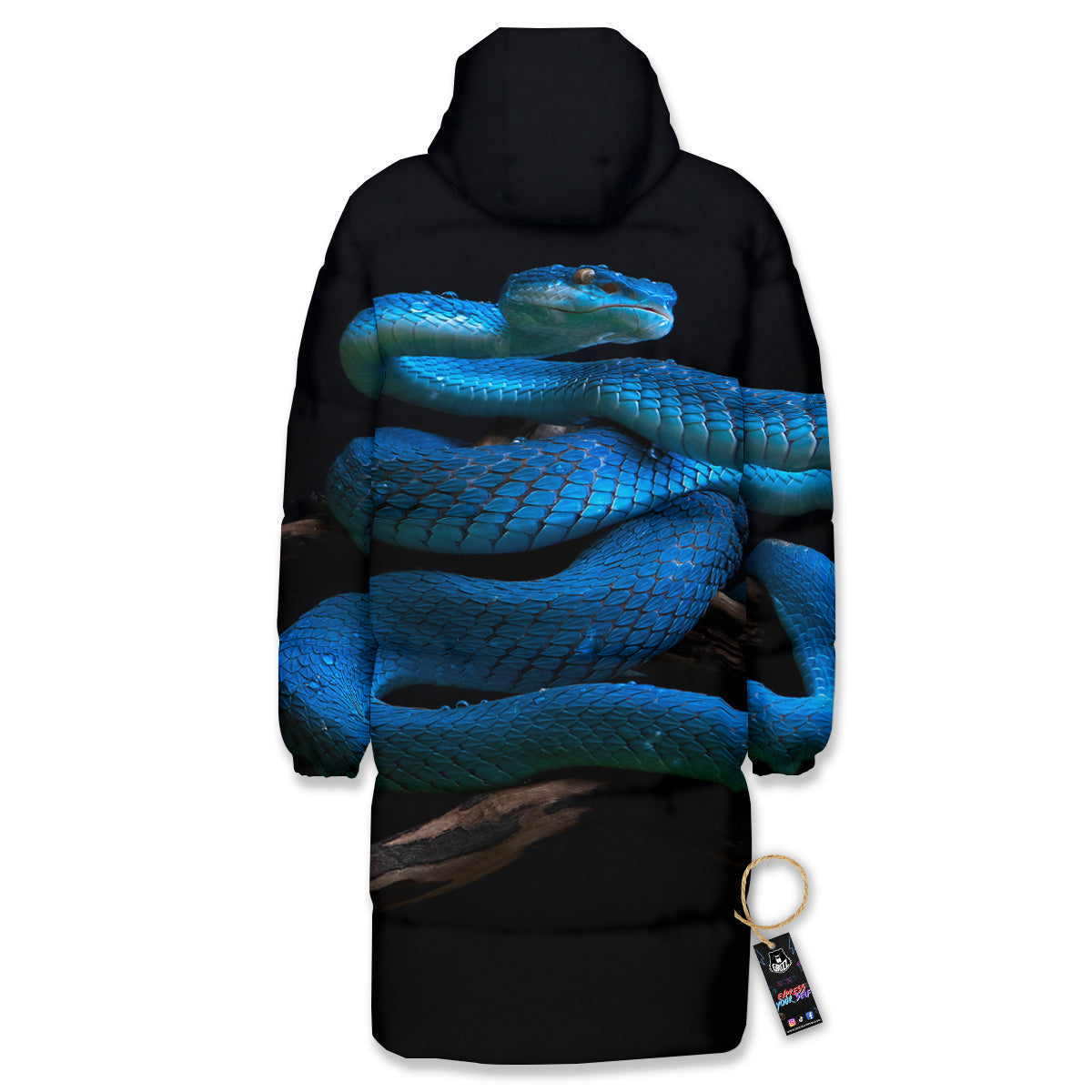 Viper Snake Blue Pit Print Long Down Jacket-grizzshop