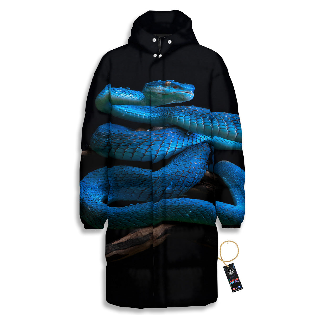 Viper Snake Blue Pit Print Long Down Jacket-grizzshop
