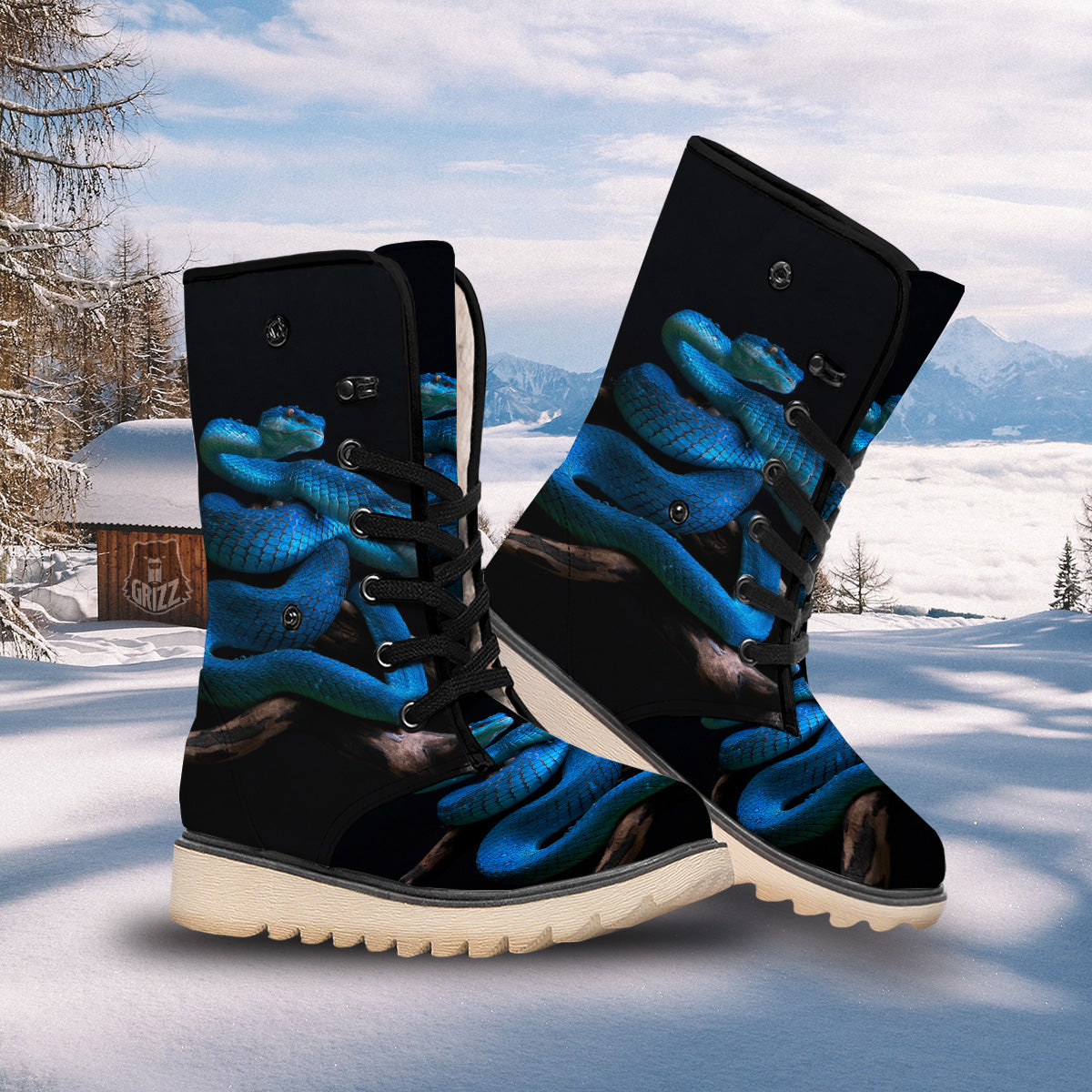 Viper Snake Blue Pit Print Snow Boots-grizzshop