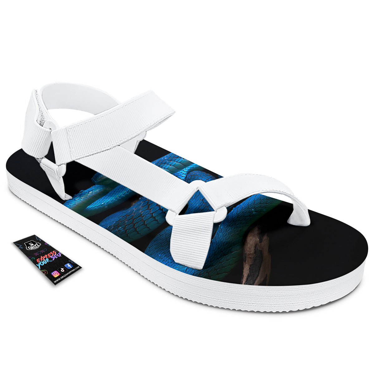 Viper Snake Blue Pit Print White Open Toe Sandals-grizzshop