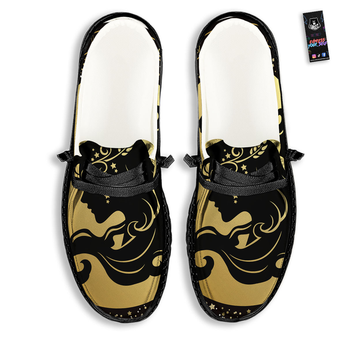 Virgo Sign Black And Gold Print Black Loafers-grizzshop