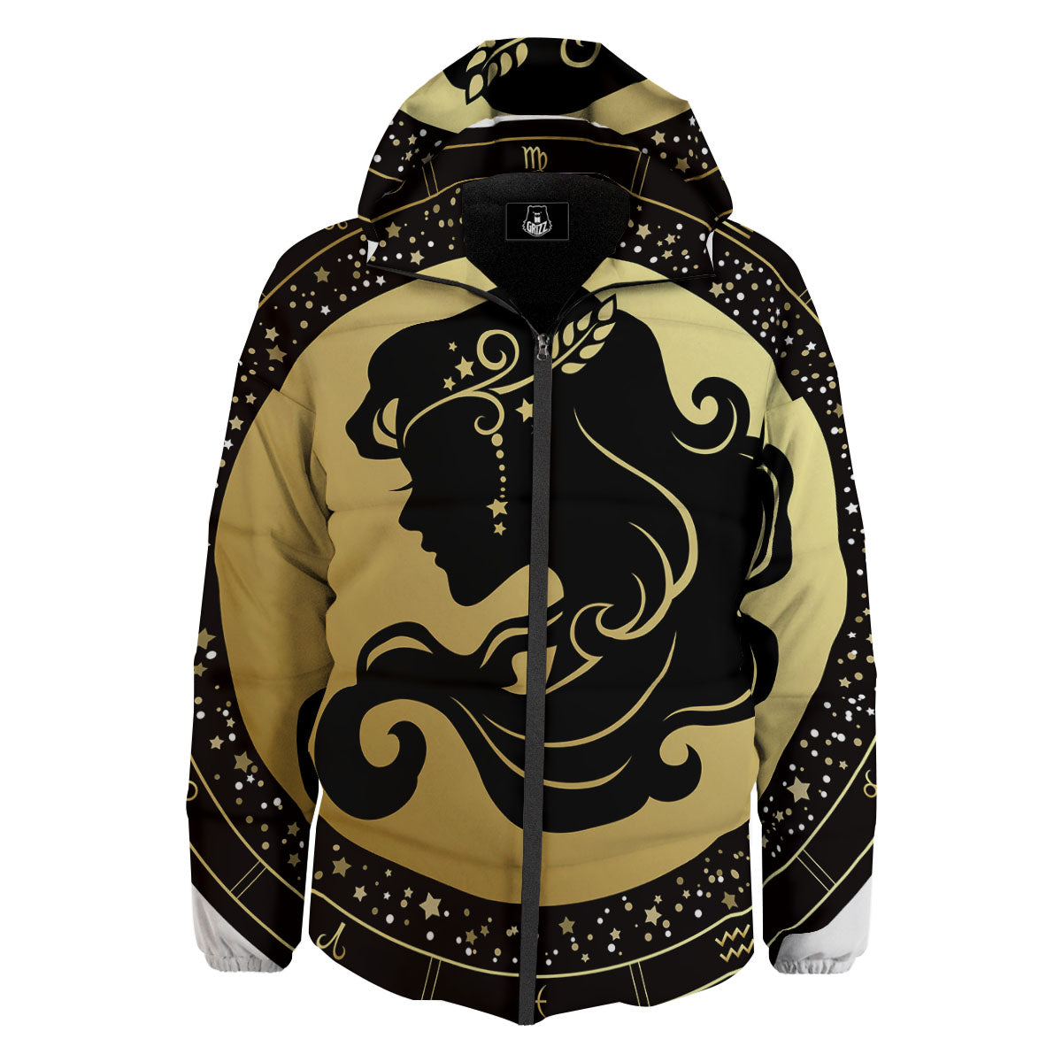 Virgo Sign Black And Gold Print Down Jacket-grizzshop