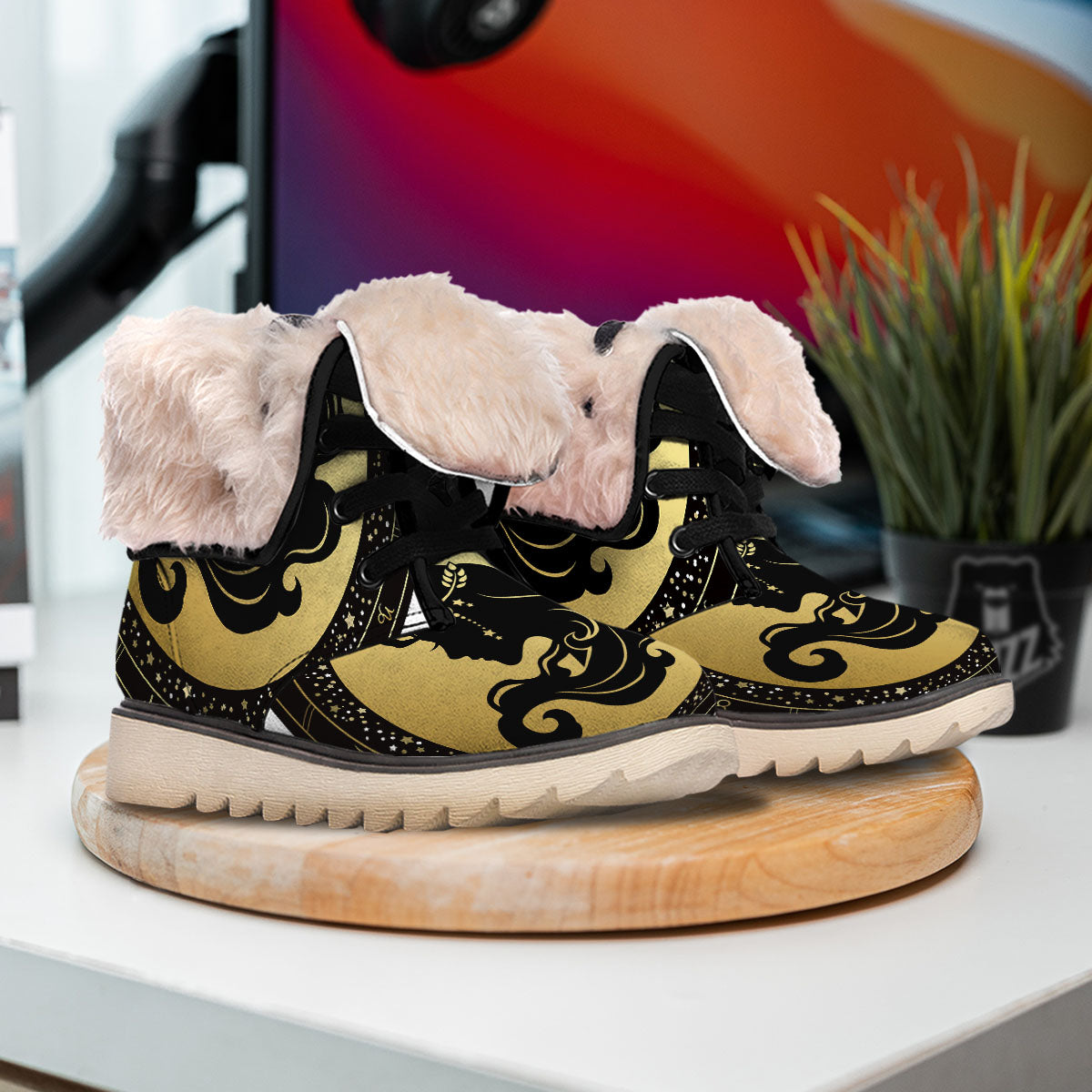 Virgo Sign Black And Gold Print Snow Boots-grizzshop