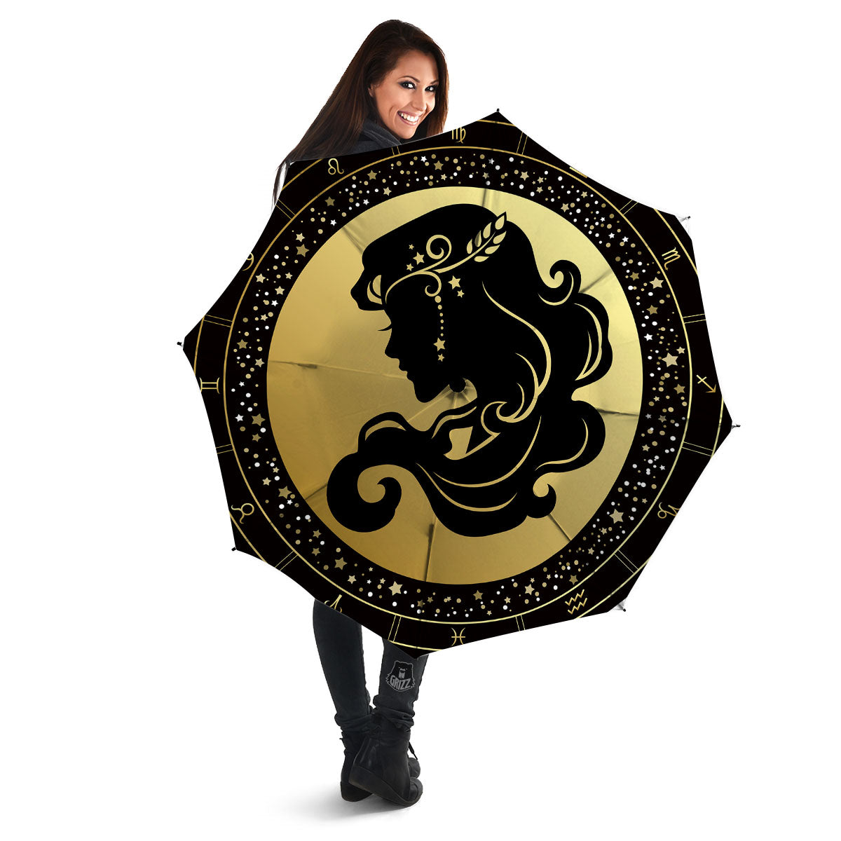 Virgo Sign Black And Gold Print Umbrella-grizzshop