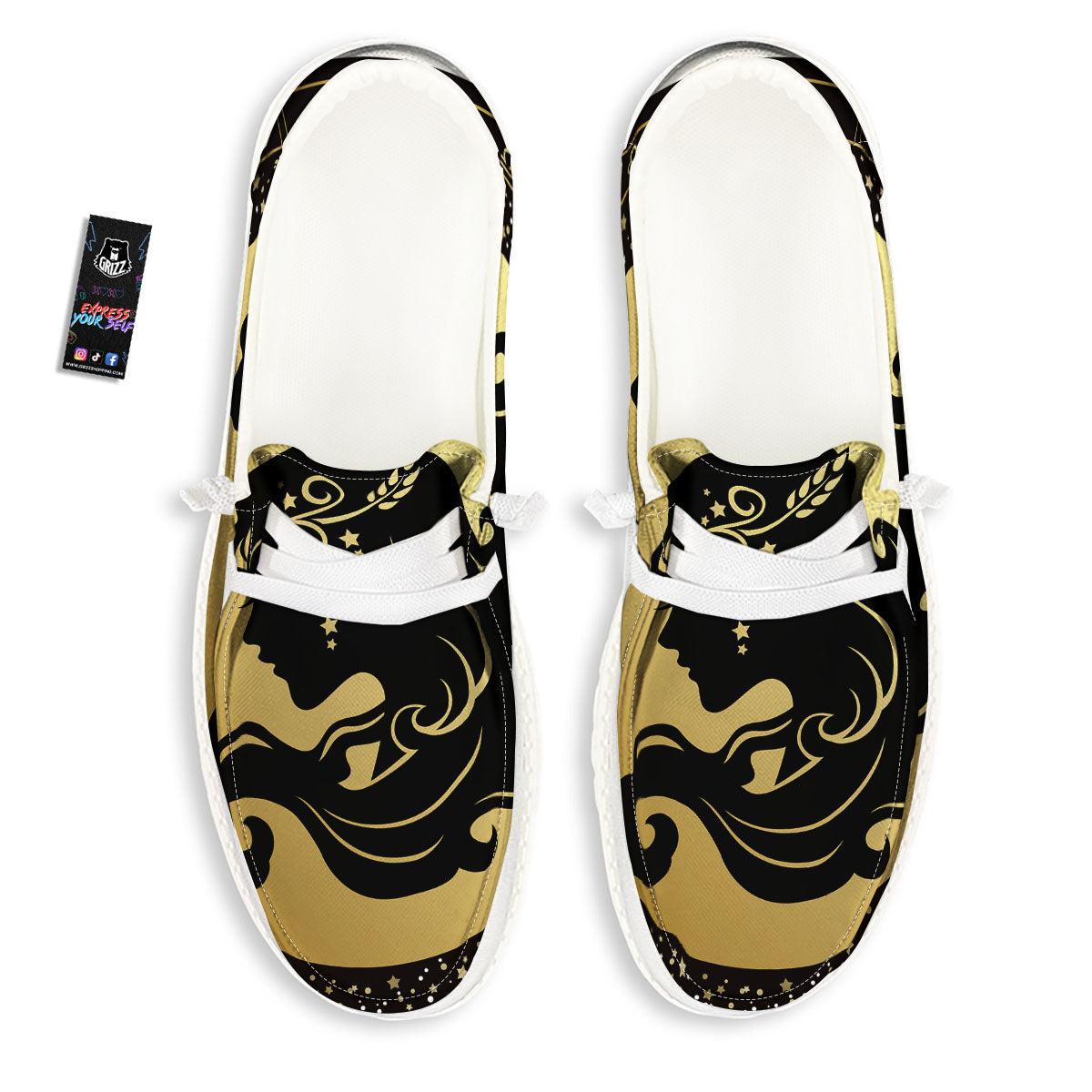 Virgo Sign Black And Gold Print White Loafers-grizzshop