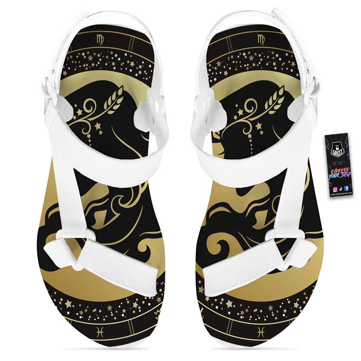 Virgo Sign Black And Gold Print White Open Toe Sandals-grizzshop
