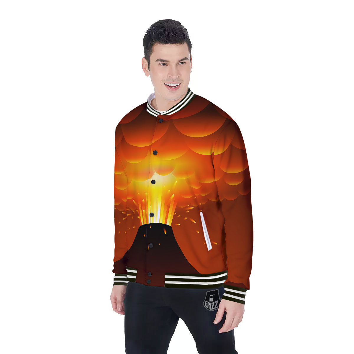 Volcano Erupt Print Baseball Jacket-grizzshop