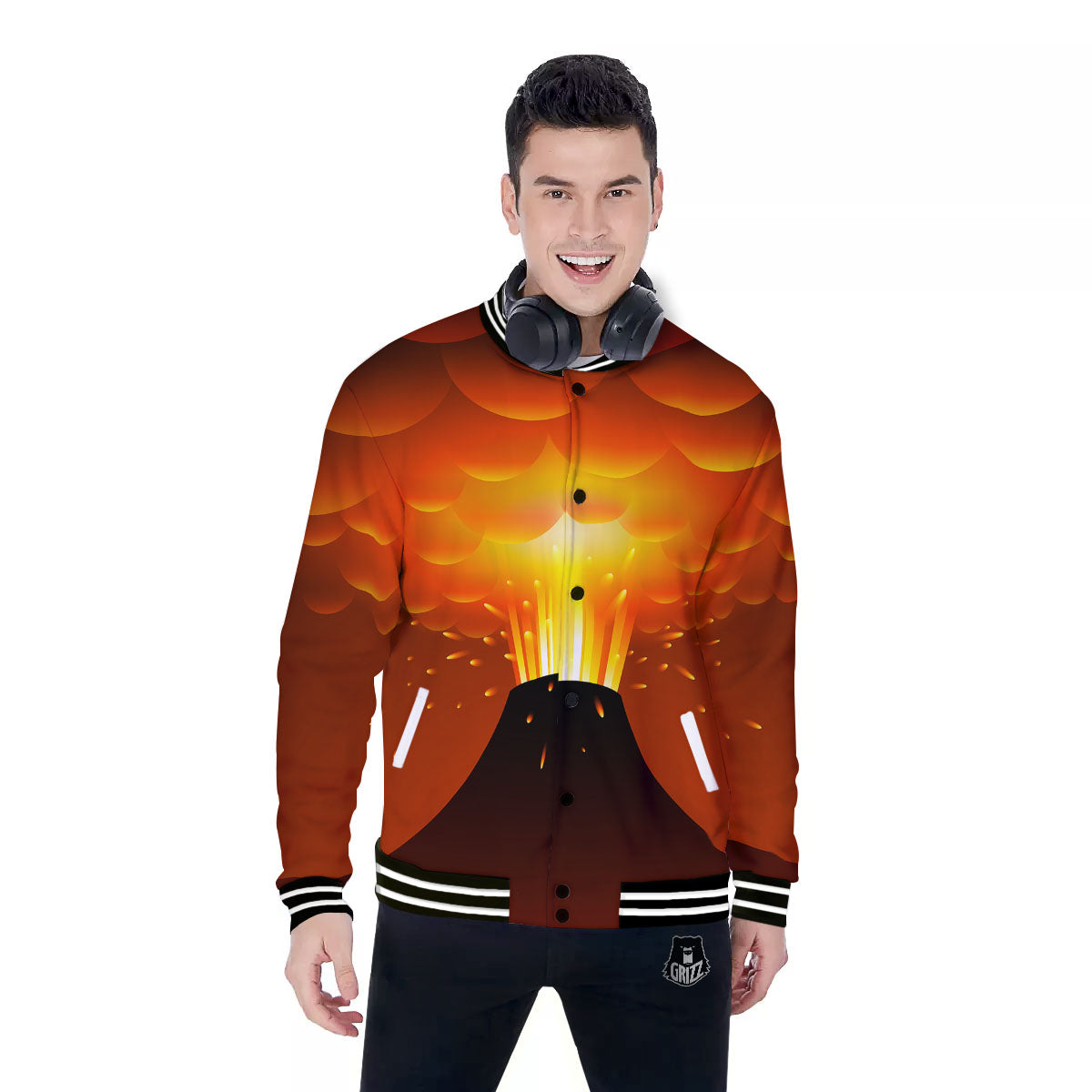 Volcano Erupt Print Baseball Jacket-grizzshop