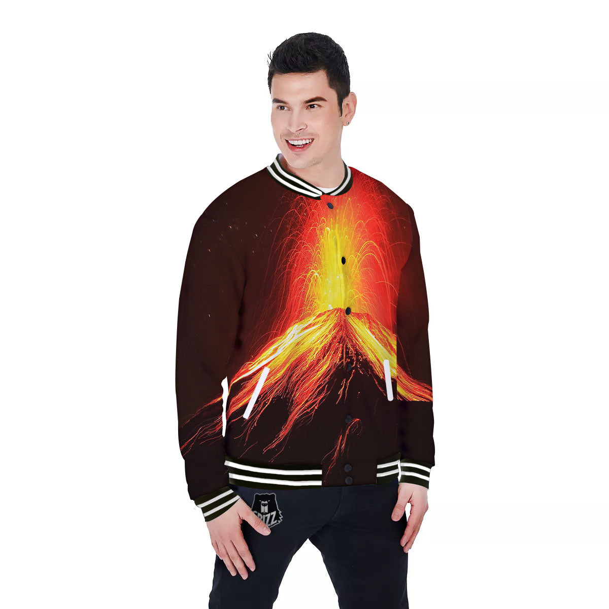 Volcano On Fire Print Baseball Jacket-grizzshop
