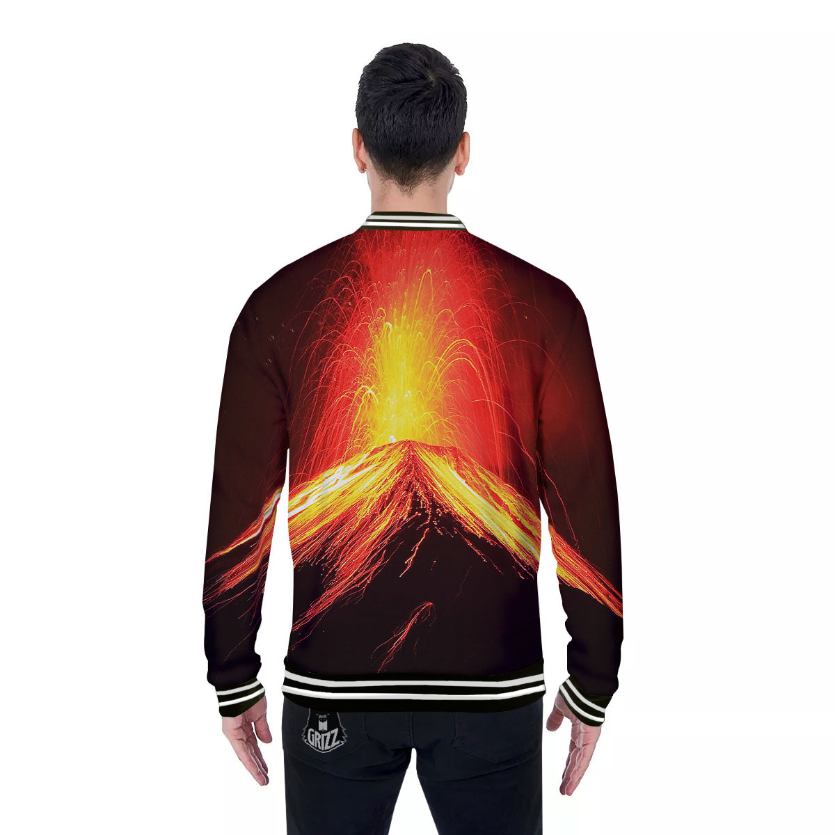Volcano On Fire Print Baseball Jacket-grizzshop