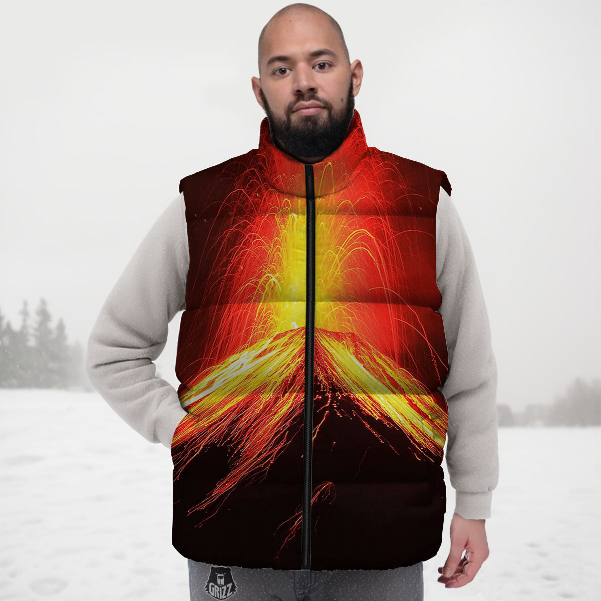 Volcano On Fire Print Down Vest-grizzshop
