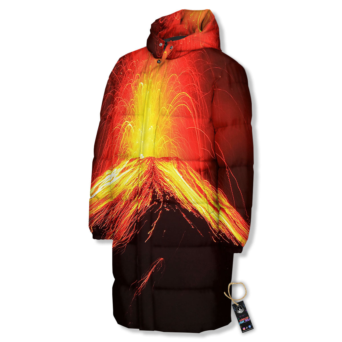 Volcano On Fire Print Long Down Jacket-grizzshop